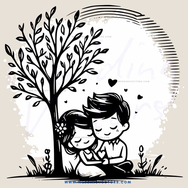 a couple sitting under a tree with hearts and flowers in their hair