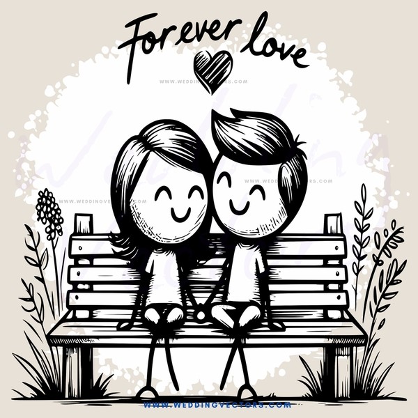 two people sitting on a bench and smiling with the words "forever love" above them