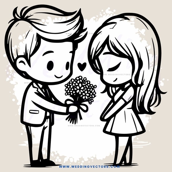 a couple holding flowers and hearts
