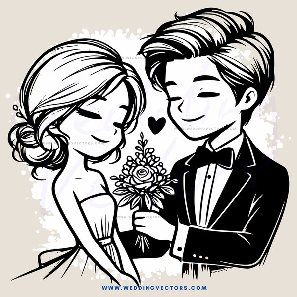 a bride and groom holding flowers