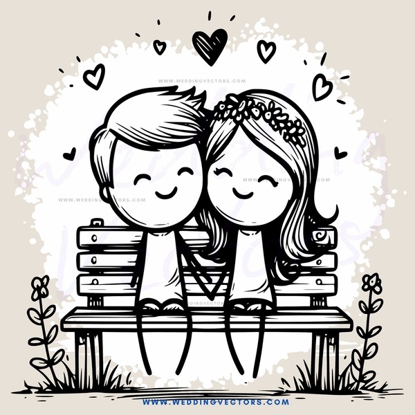 a couple sitting on a bench together with hearts and flowers around them