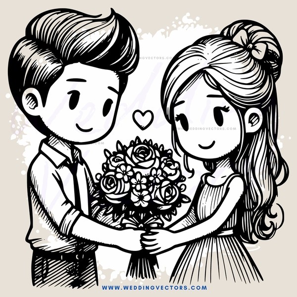 couple hugging with flowers and heart symbols