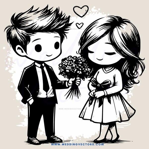 boy and girl clip art picture in black & white