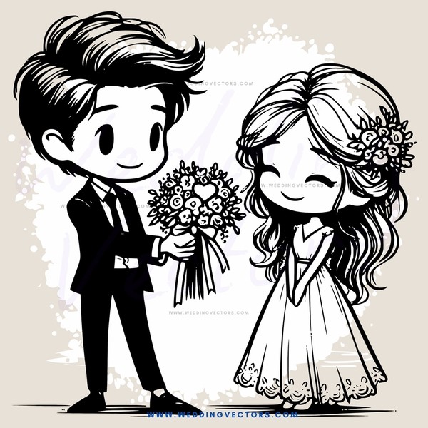 a man and a woman standing together, holding flowers