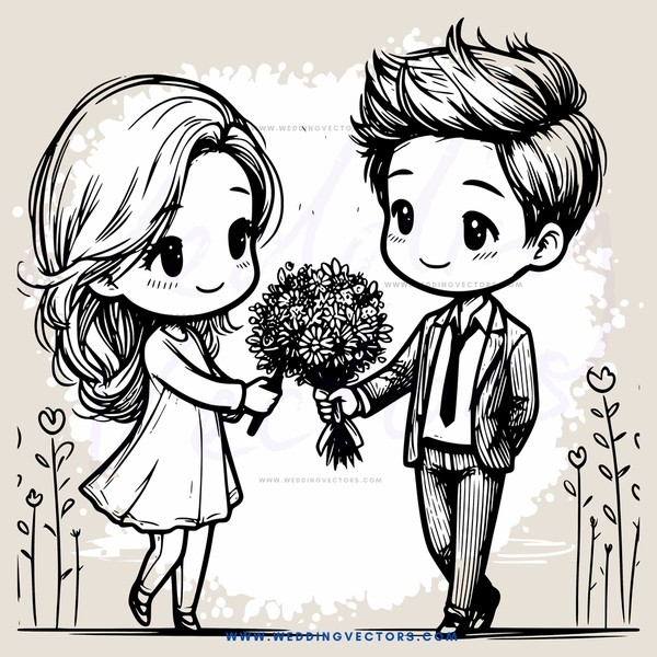 boy and girl holding flowers in black and white sketch