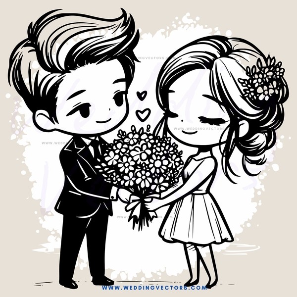 a couple holding flowers and making love gestures