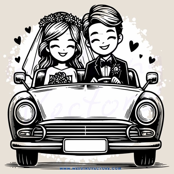 wedding car tuxedo couple cartoon illustration