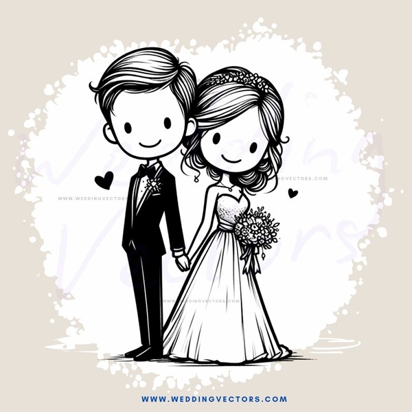 groom and bride in black and white illustration