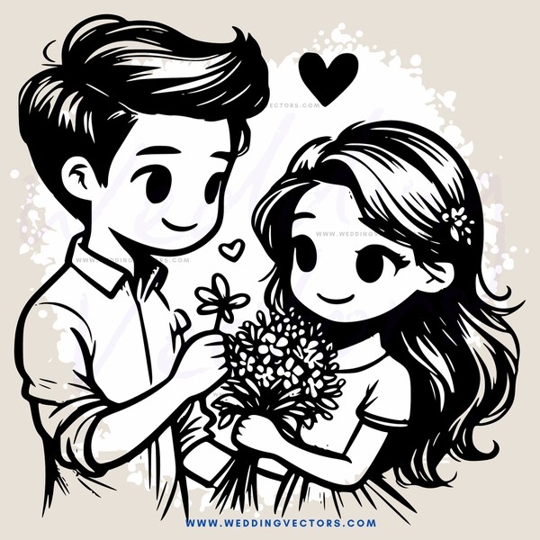 couple holding flowers and hearts with long hair