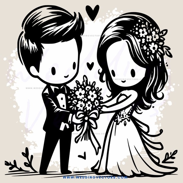 wedding couple standing holding flowers