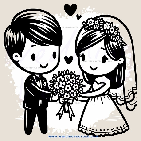 a bride and groom with flowers