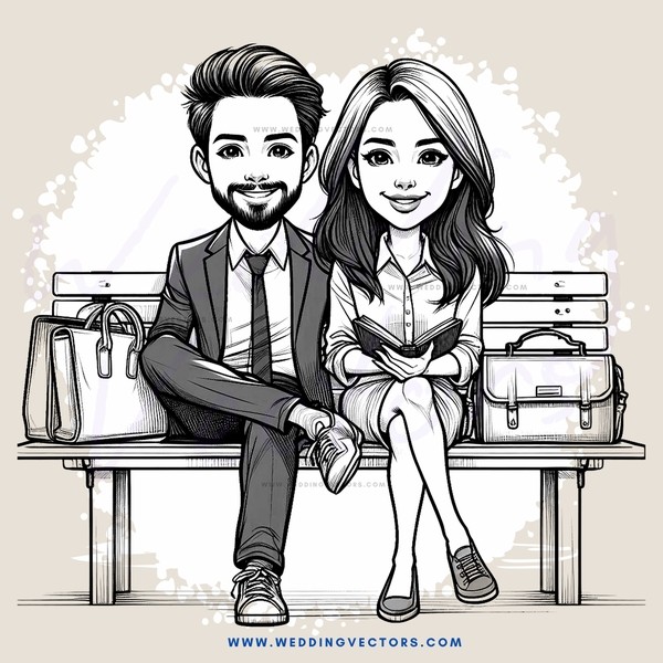 a man and woman sitting on a bench with luggage