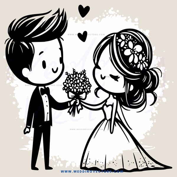 a bride and groom exchanging flowers