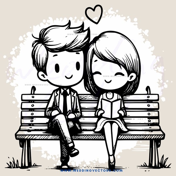 couple sitting on bench with heart above them