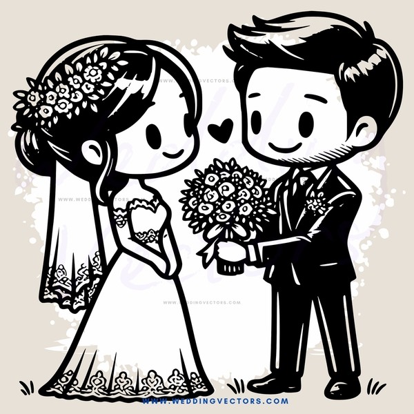 a bride and groom holding flowers