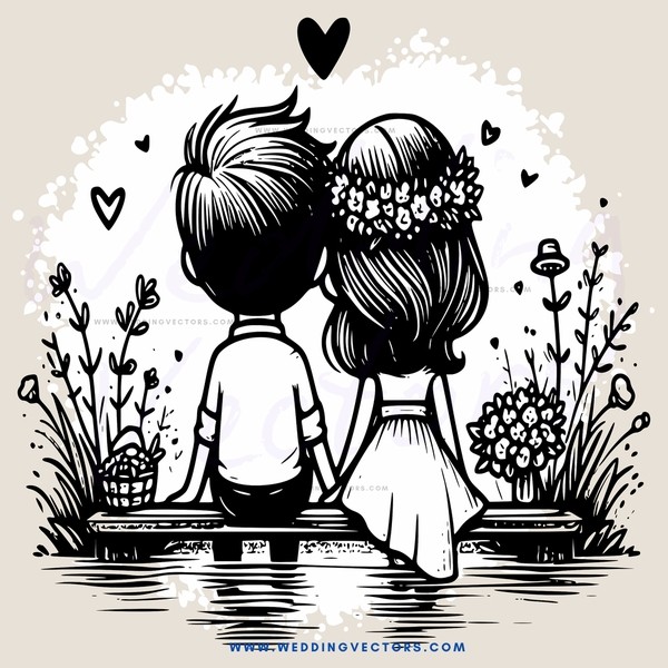 a boy and girl sitting by water with plants