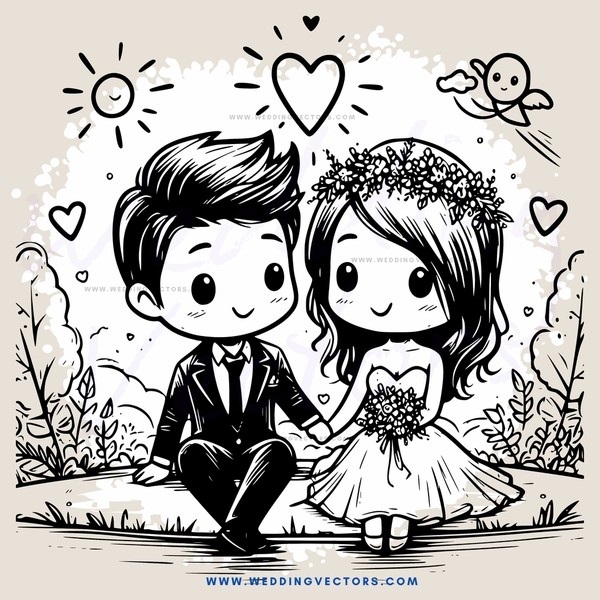 a wedding picture with birds and flowers