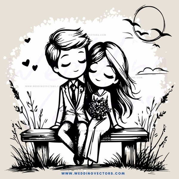 lovers on a bench in an illustrated cartoon style drawing