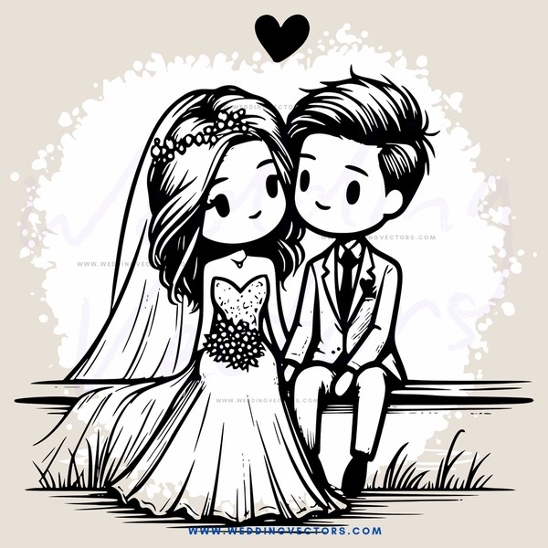 a newlywed couple sitting on a bench