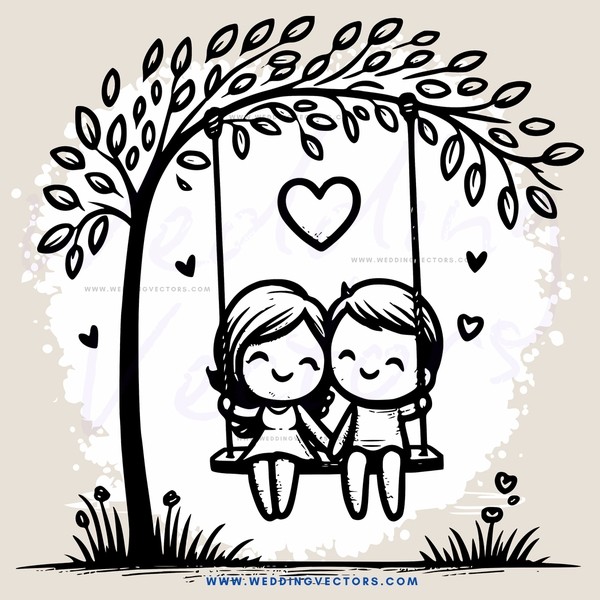 couple on swing with heart and leaves