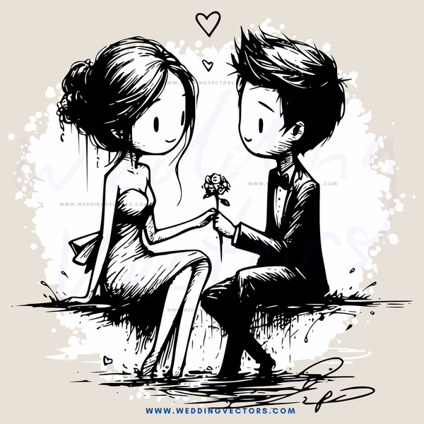 a couple exchanging flowers in black and white