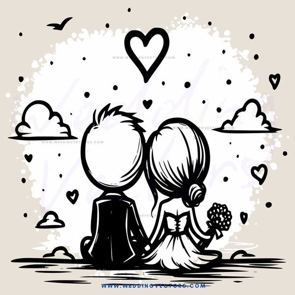 a couple sitting together with hearts and clouds in the background