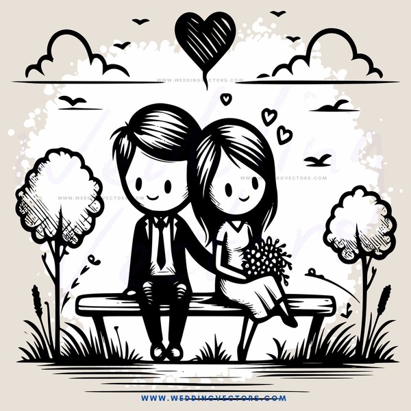 a couple sitting on a bench with birds and trees around them