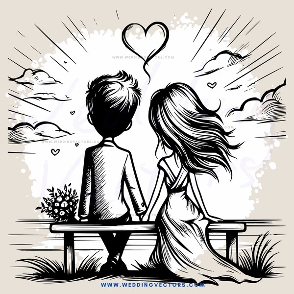 a couple sitting on a bench with flowers and hearts in the background