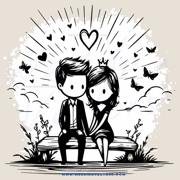 a couple sitting on a bench with butterflies and flowers surrounding them