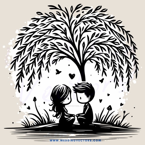 couple under tree with hearts and birds