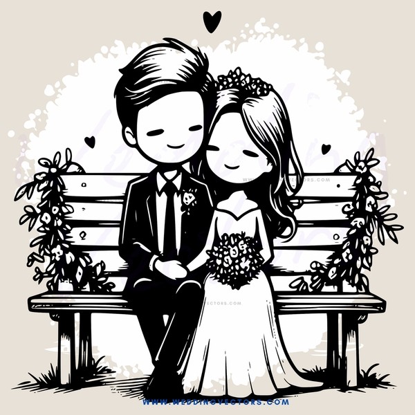 couple sitting on bench with wedding flowers