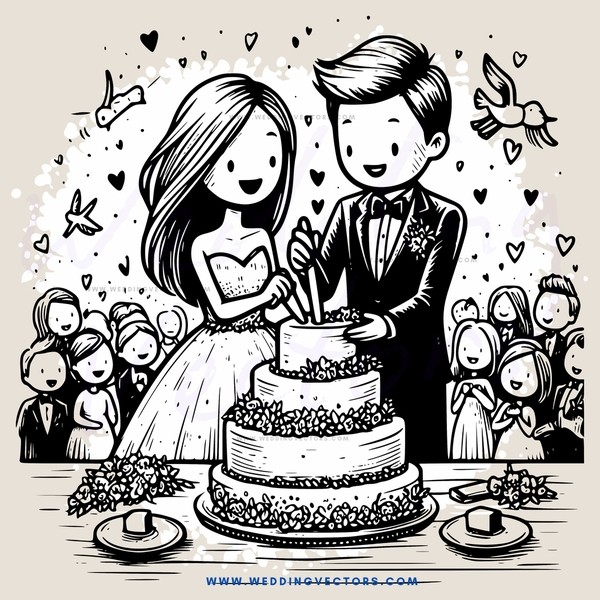 a happy couple cutting their wedding cake