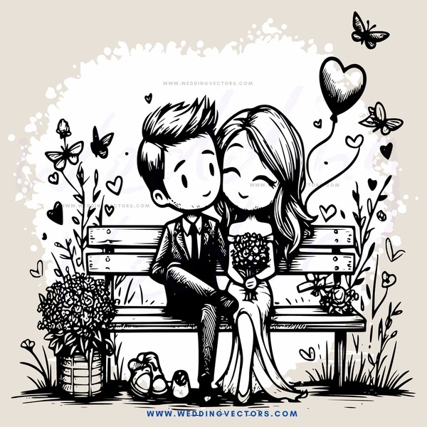 lovers on a bench with flowers and butterflies