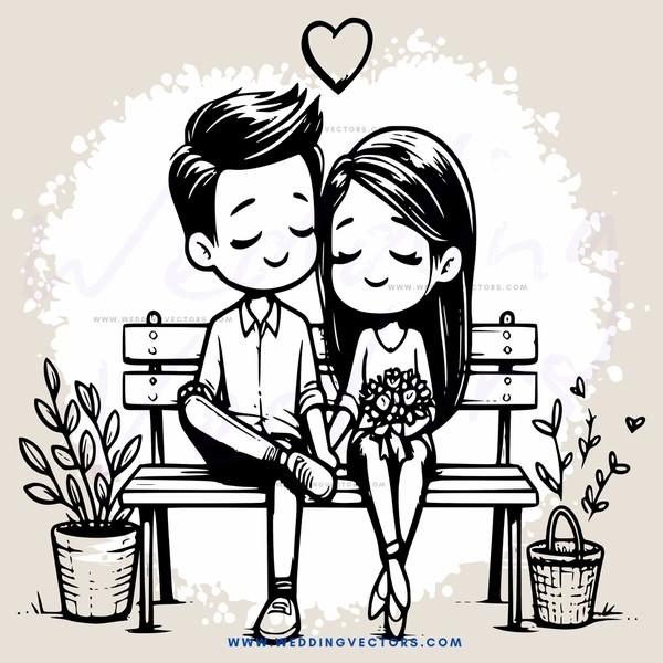 a couple sitting on a bench with potted plants and baskets