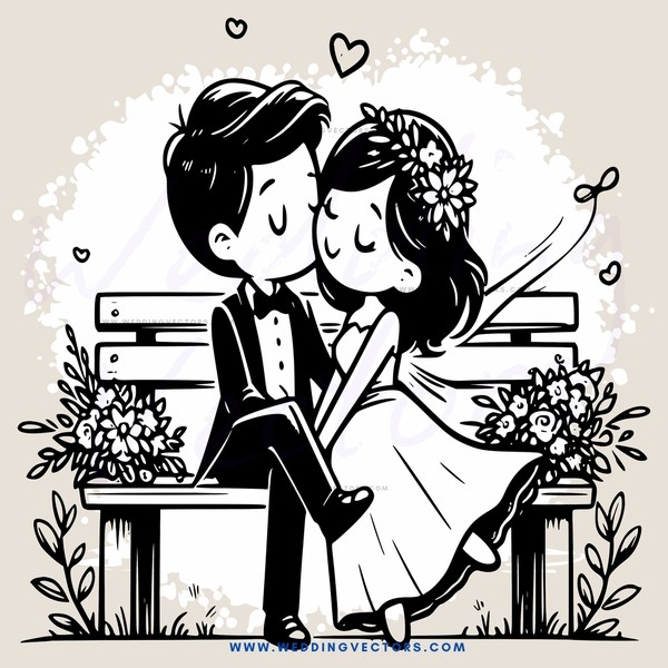 a couple sitting on a bench with flowers and rings on their feet
