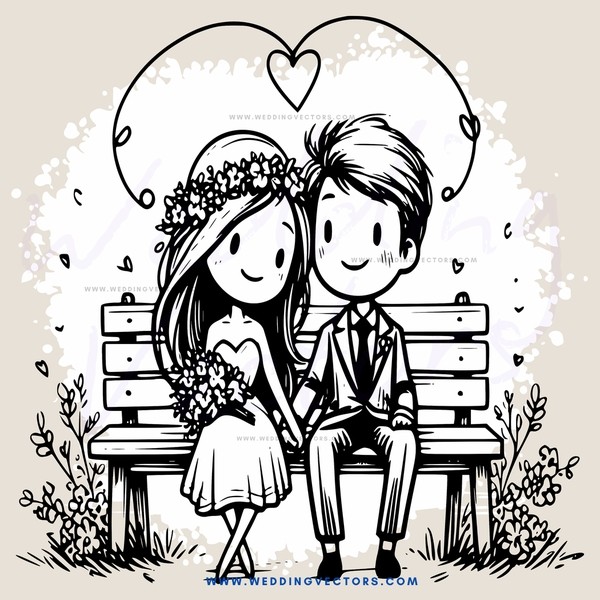 a couple sitting on a bench with hearts