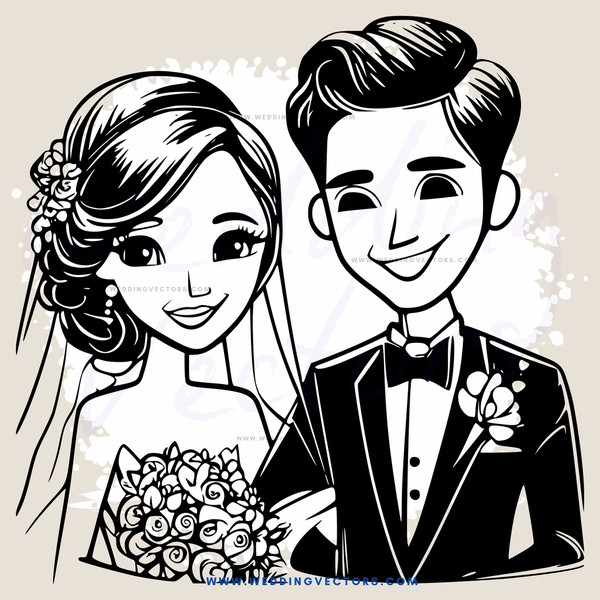 wedding couple smiling and holding flowers