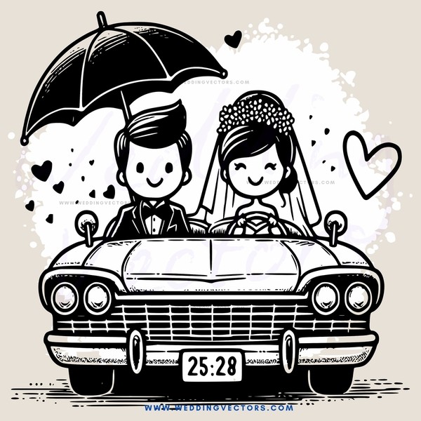 a car with an umbrella and bride & groom on it
