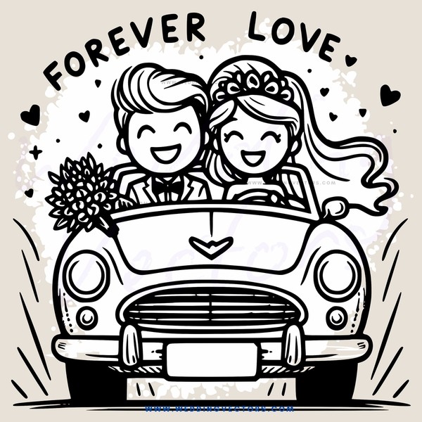 a car with a bride and groom in it