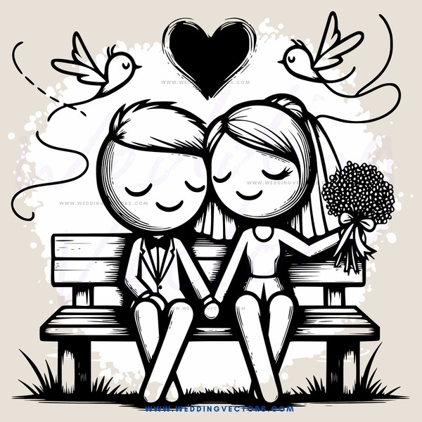 couple sitting on bench with flower and birds in background