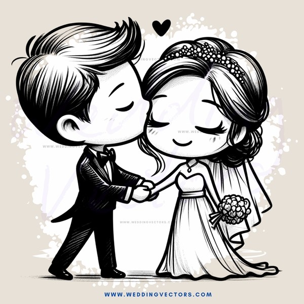 a boy and girl in wedding costumes kissing (black & white)