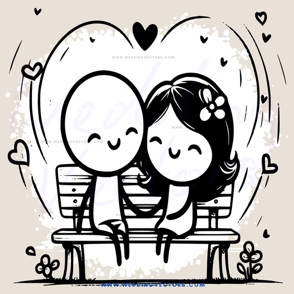 a couple sitting on a bench with hearts and flowers in the background