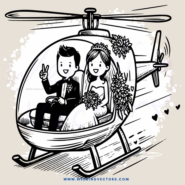 a couple on a helicopter ride with the bride holding flowers