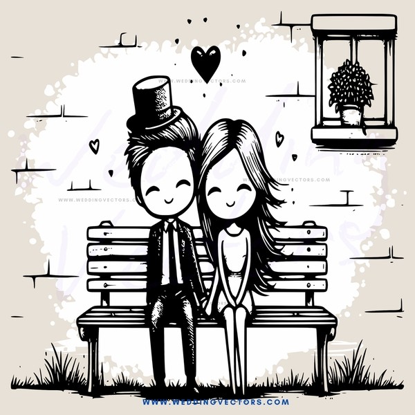 a couple sitting on a bench with love and nature symbols