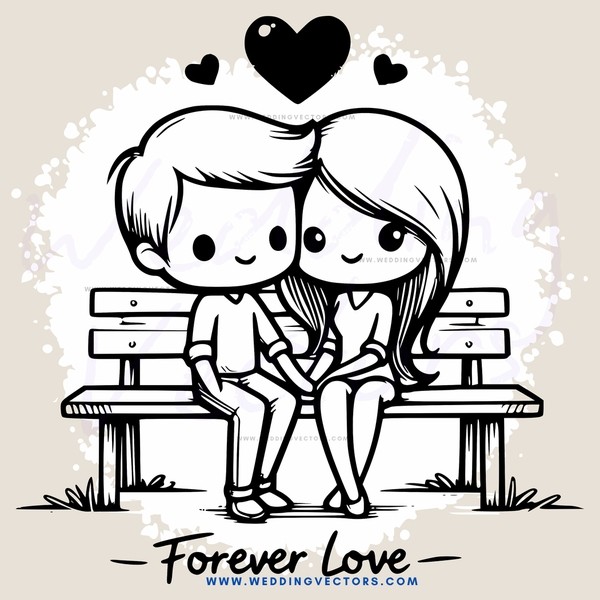 forever love cartoon boy and girl sitting on a bench