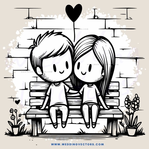 two people sitting on a bench with flowers in pots
