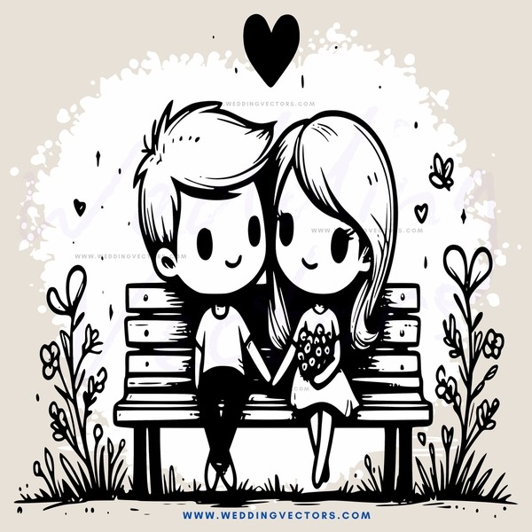 boy and girl sitting on a bench in front of flowers with hearts above their head