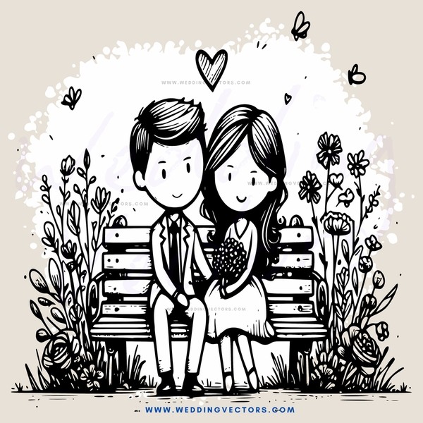 a couple in love sitting on a bench with flowers and butterflies around them