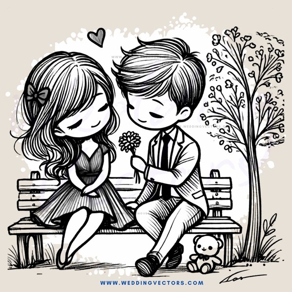 two people sitting on a bench with a teddy bear and tree in the background