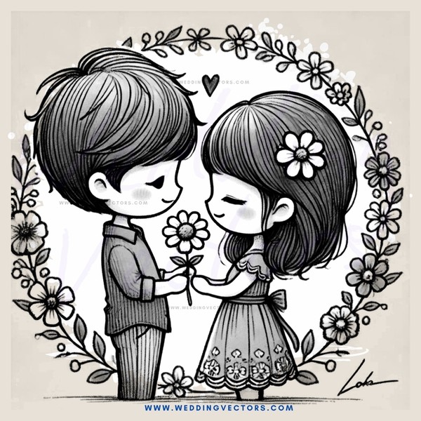a boy and girl holding flowers in a sketch
